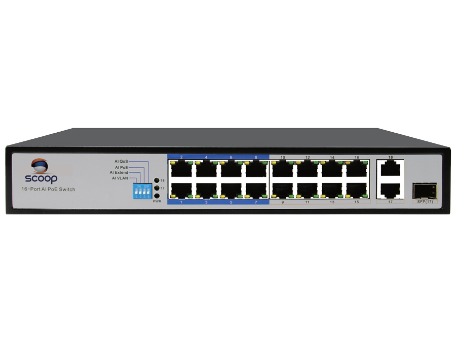 Scoop 16 Port Fast Ethernet PoE 150W 2 Gigabit 1SFP Switch